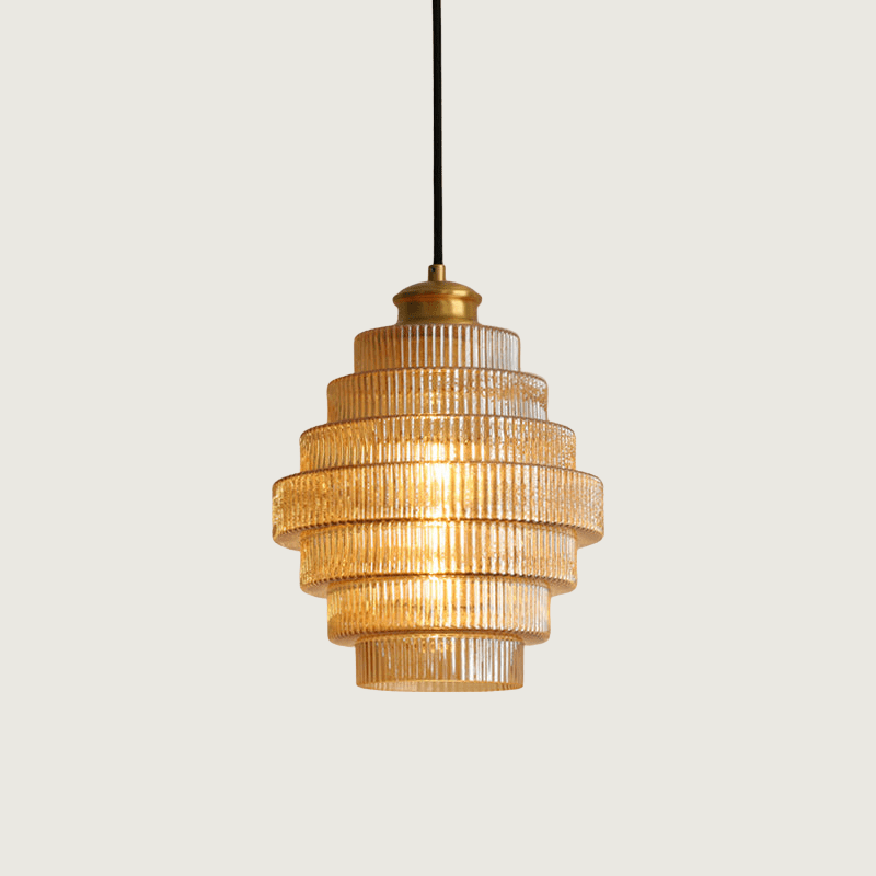Ribbed Glass Pendant Light – Tiered Hanging Ceiling Lamp with Brass-Tone Finish