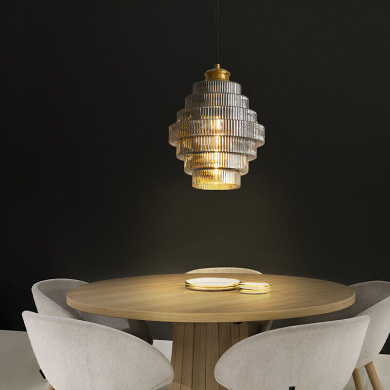 Ribbed Glass Pendant Light – Tiered Hanging Ceiling Lamp with Brass-Tone Finish