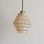 Ribbed Glass Pendant Light – Tiered Hanging Ceiling Lamp with Brass-Tone Finish