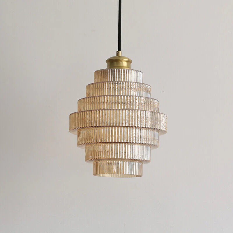 Ribbed Glass Pendant Light – Tiered Hanging Ceiling Lamp with Brass-Tone Finish