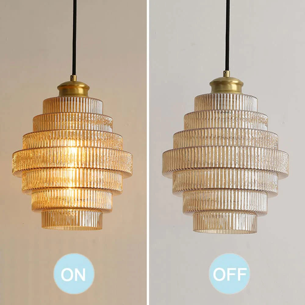 Ribbed Glass Pendant Light – Tiered Hanging Ceiling Lamp with Brass-Tone Finish