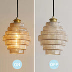 Ribbed Glass Pendant Light – Tiered Hanging Ceiling Lamp with Brass-Tone Finish