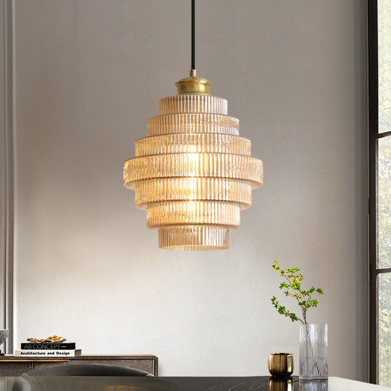 Ribbed Glass Pendant Light – Tiered Hanging Ceiling Lamp with Brass-Tone Finish