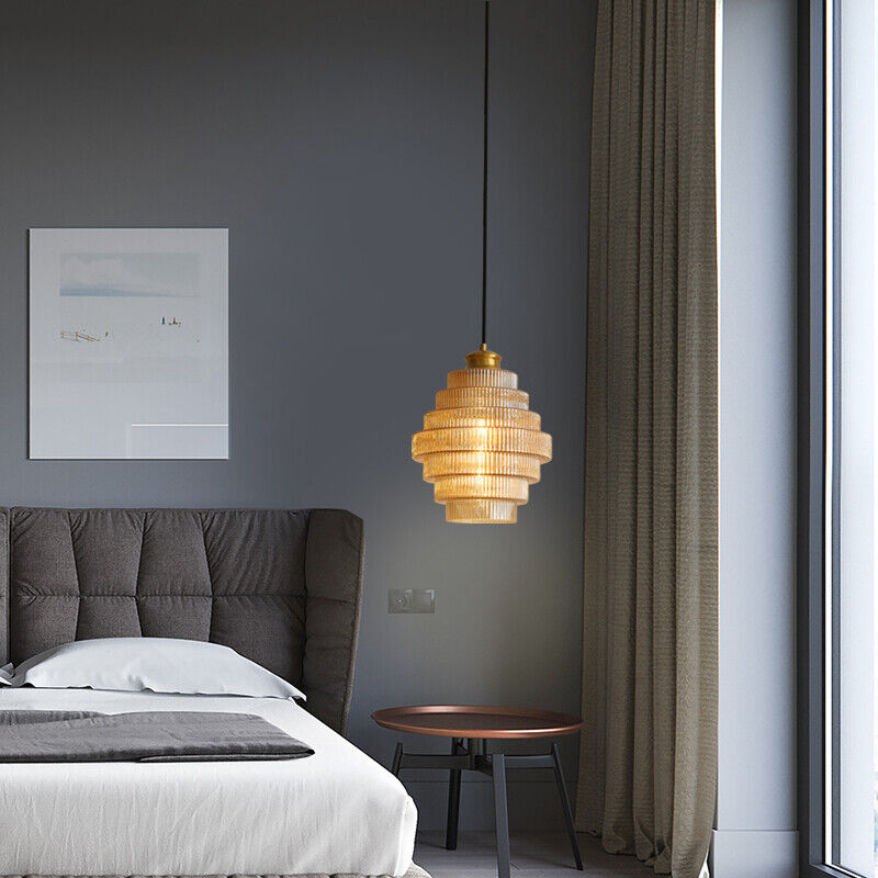 Ribbed Glass Pendant Light – Tiered Hanging Ceiling Lamp with Brass-Tone Finish