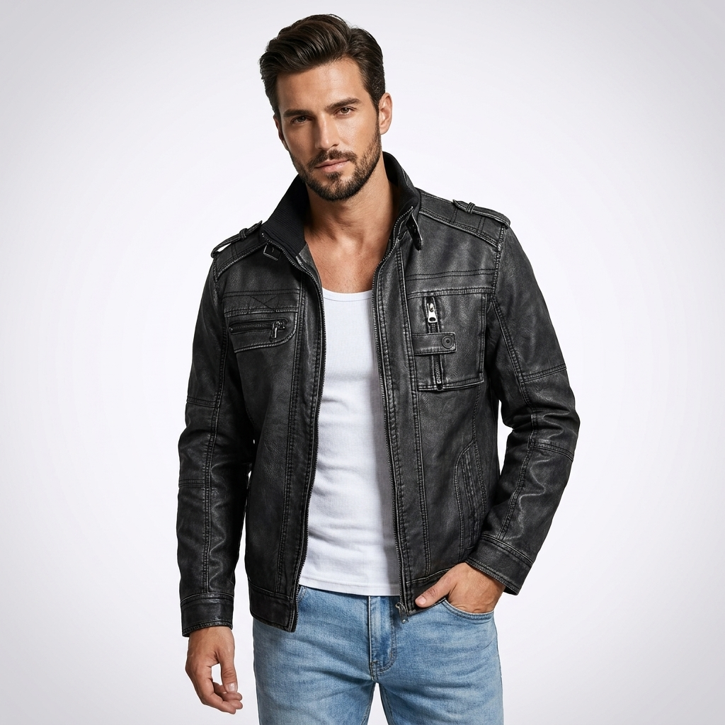 PU Leather Moto Jacket | Distressed Biker Style, Structured Fit & Utility Pocket Detail