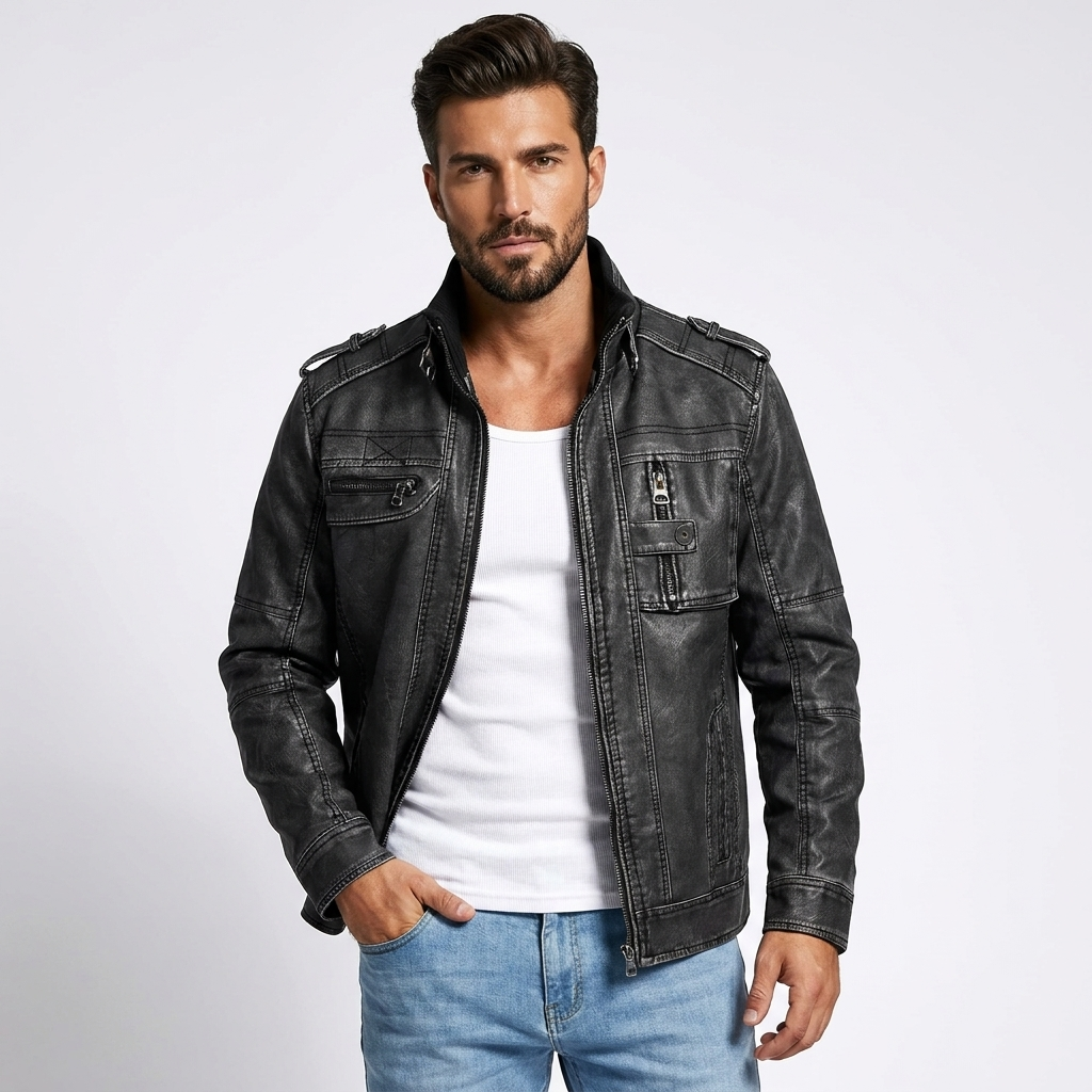 PU Leather Moto Jacket | Distressed Biker Style, Structured Fit & Utility Pocket Detail
