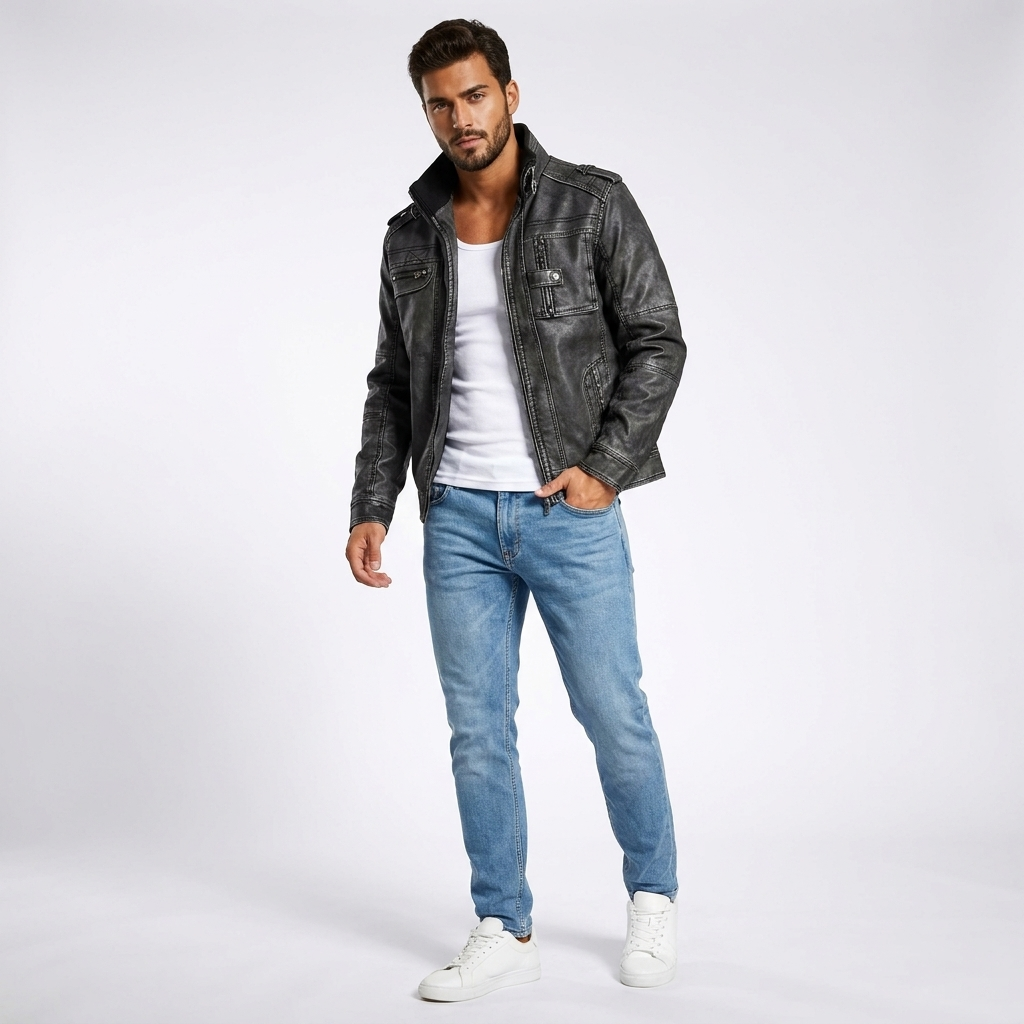 PU Leather Moto Jacket | Distressed Biker Style, Structured Fit & Utility Pocket Detail