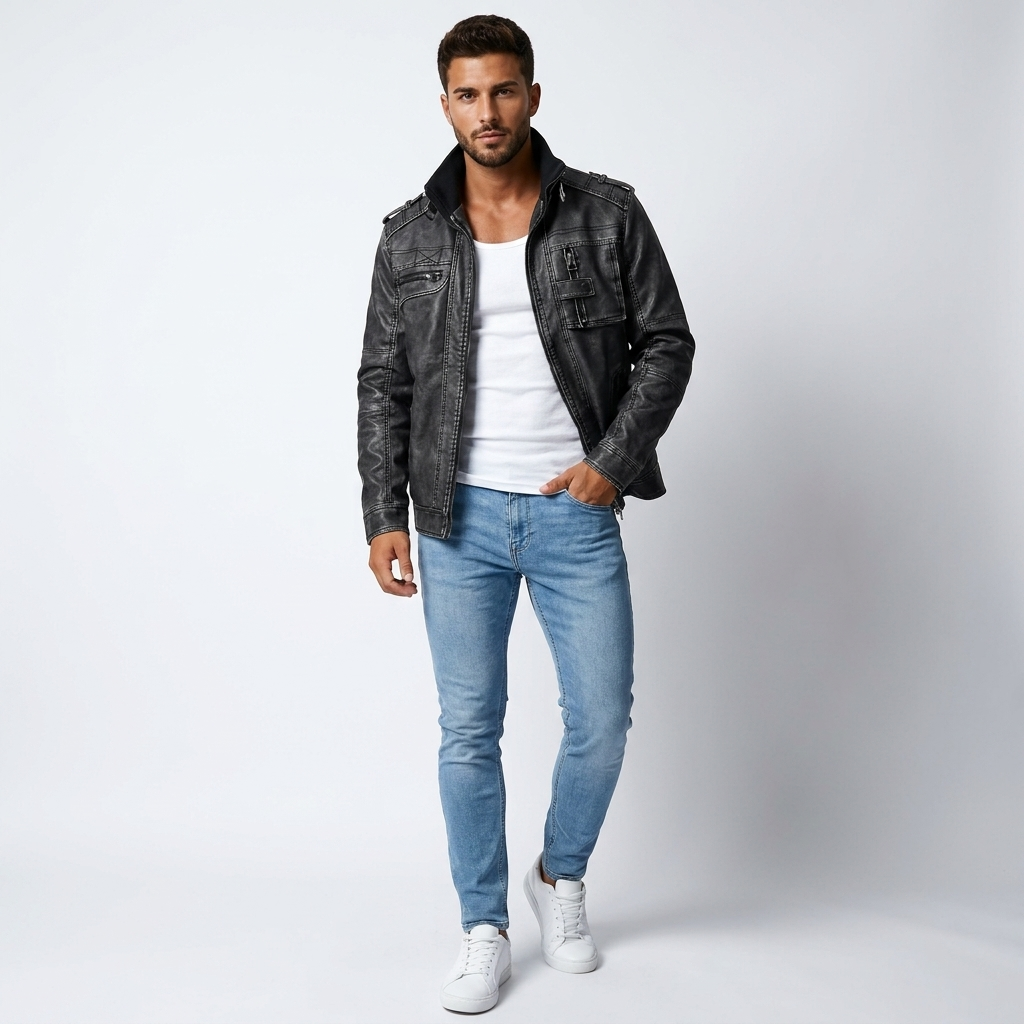 PU Leather Moto Jacket | Distressed Biker Style, Structured Fit & Utility Pocket Detail