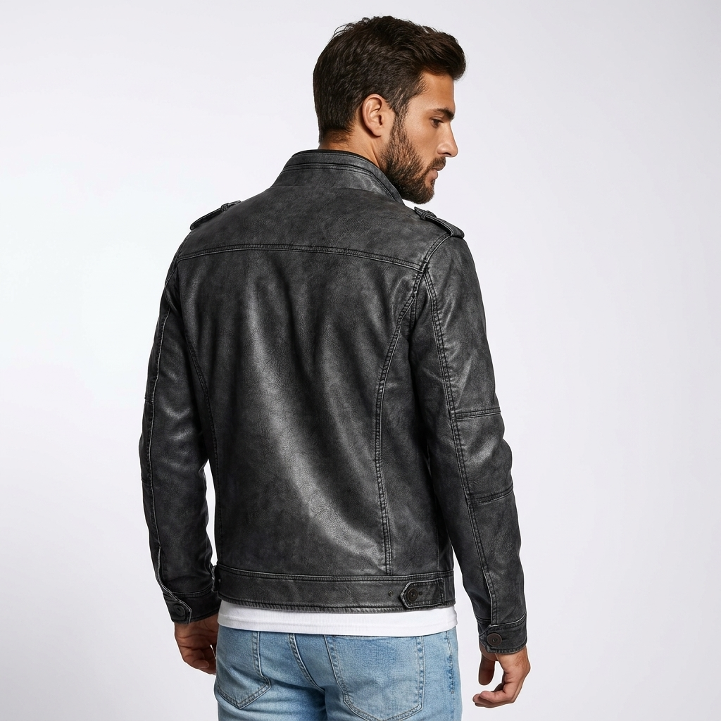 PU Leather Moto Jacket | Distressed Biker Style, Structured Fit & Utility Pocket Detail