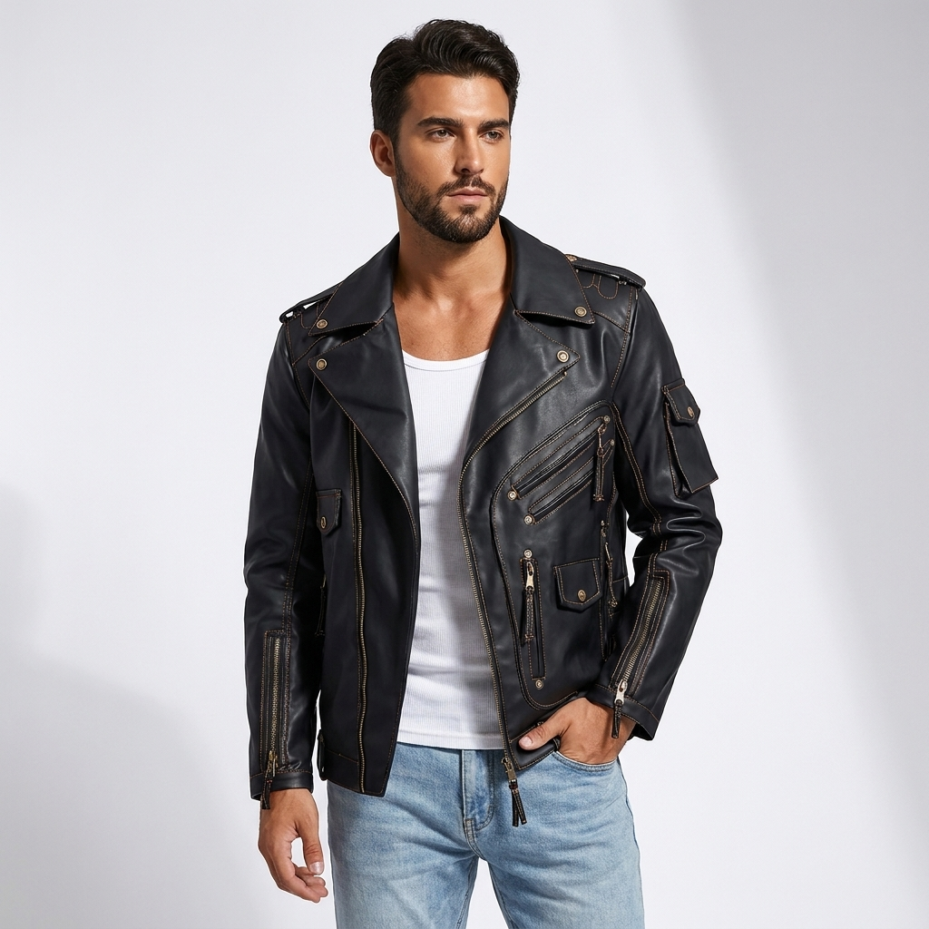 PU Leather Biker Jacket | Bold Streetwear Fit, Asymmetric Zip & Utility Hardware Detail