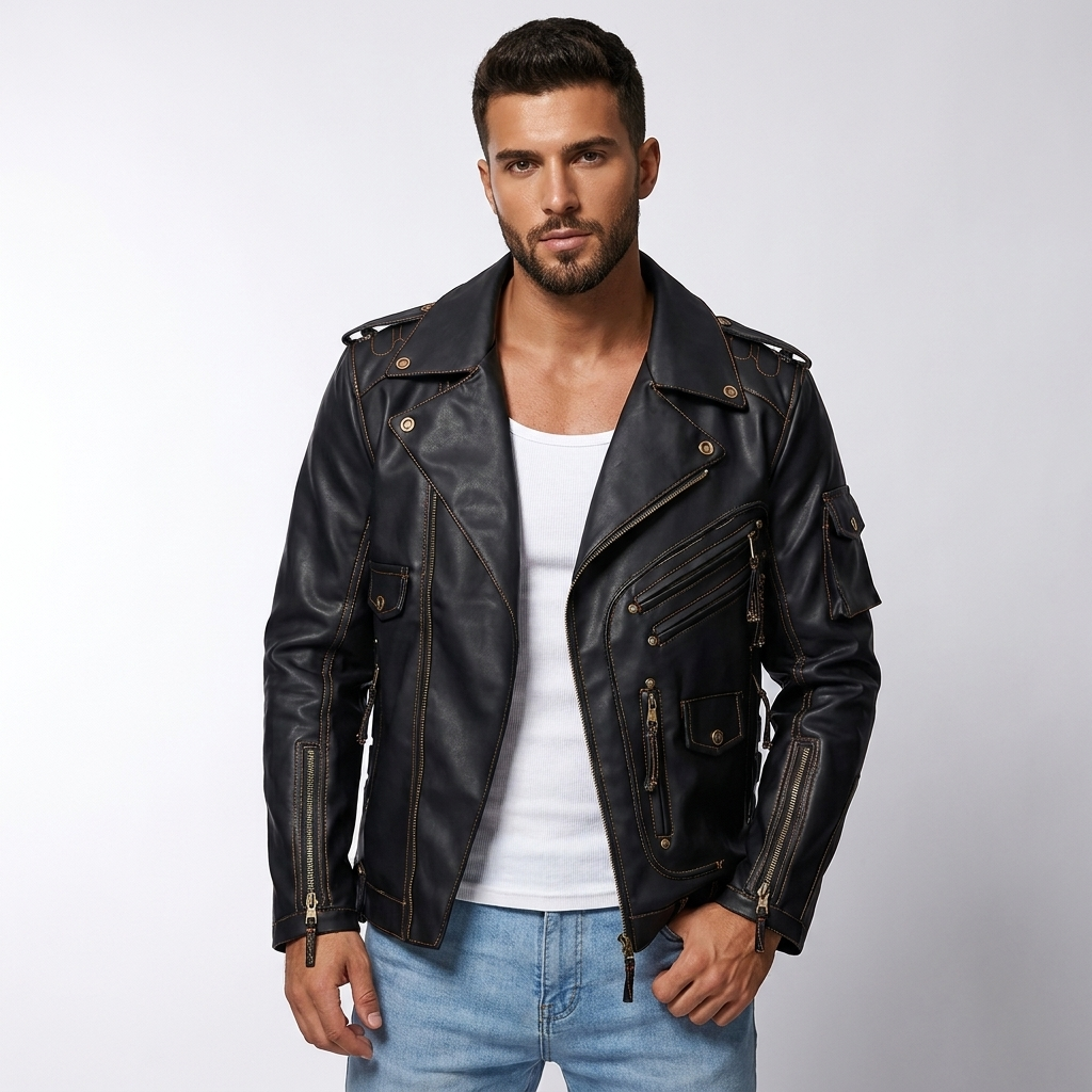PU Leather Biker Jacket | Bold Streetwear Fit, Asymmetric Zip & Utility Hardware Detail