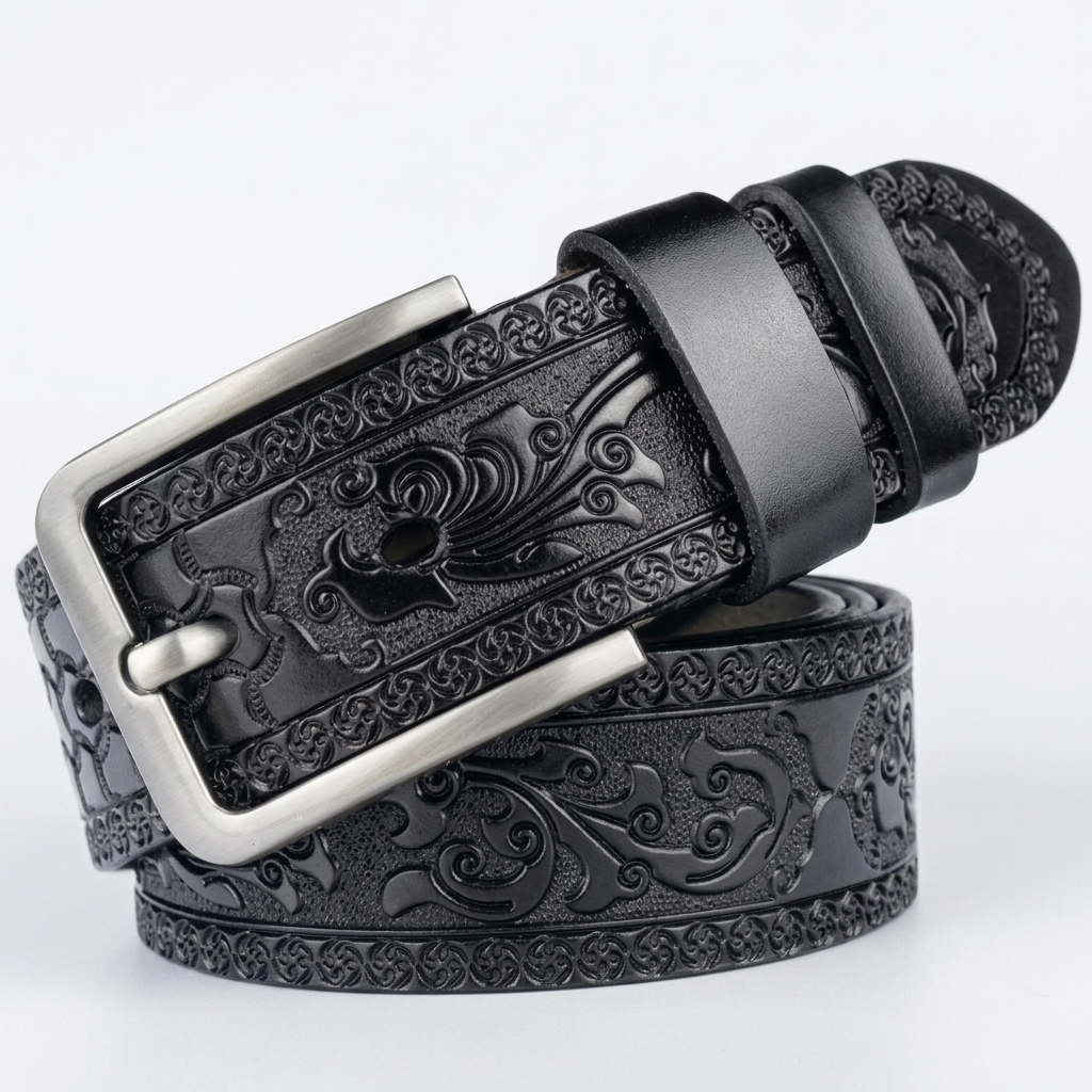 Embossed Leather-Look Belt | Western Pattern, Metal Buckle & Refined Everyday Style