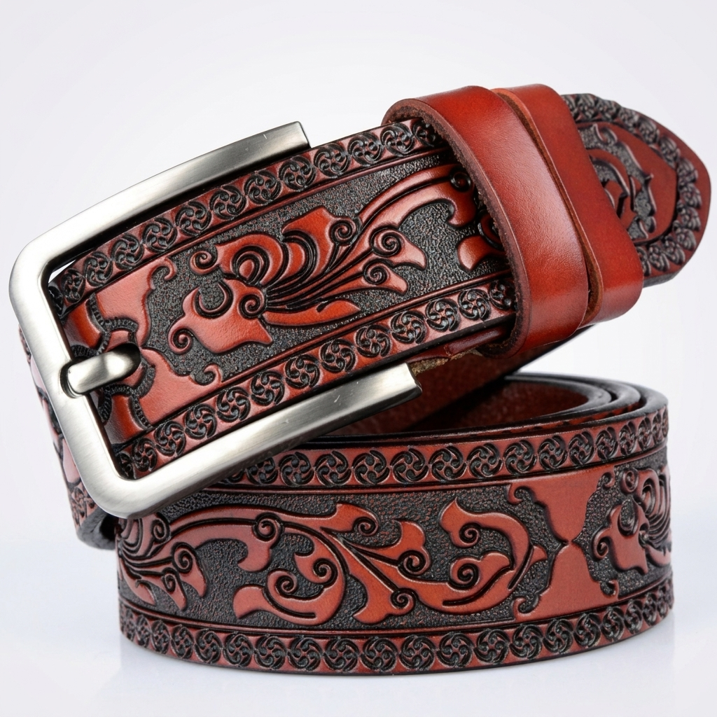Embossed Leather-Look Belt | Western Pattern, Metal Buckle & Refined Everyday Style