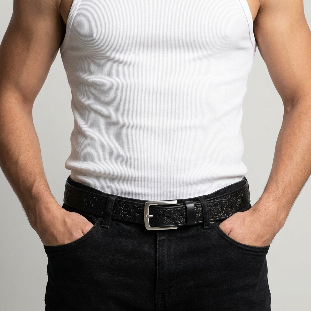 Embossed Leather-Look Belt | Western Pattern, Metal Buckle & Refined Everyday Style