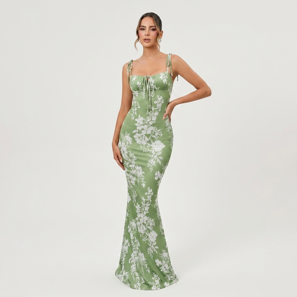 Floral Spaghetti Strap Maxi Dress | Slim Fit, Tie-Shoulder Detail & Summer Print