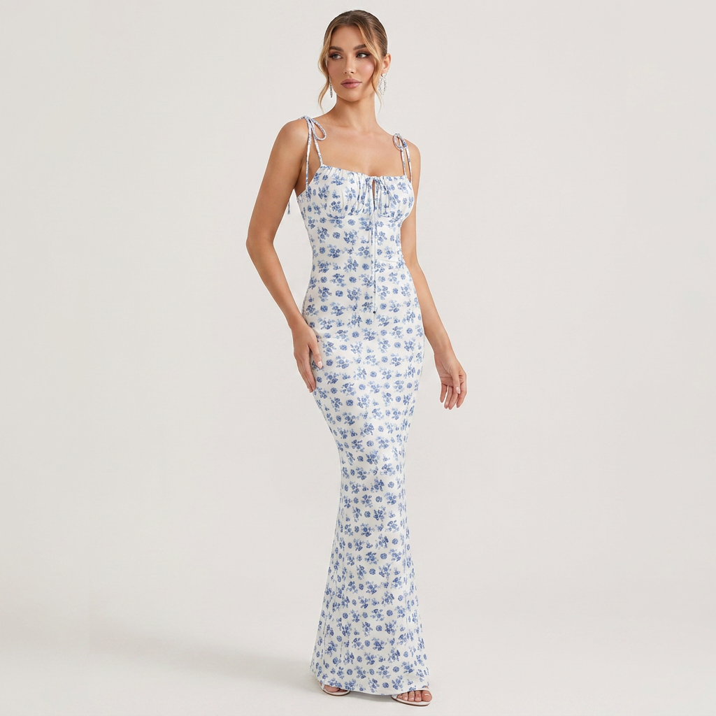 Floral Spaghetti Strap Maxi Dress | Slim Fit, Tie-Shoulder Detail & Summer Print