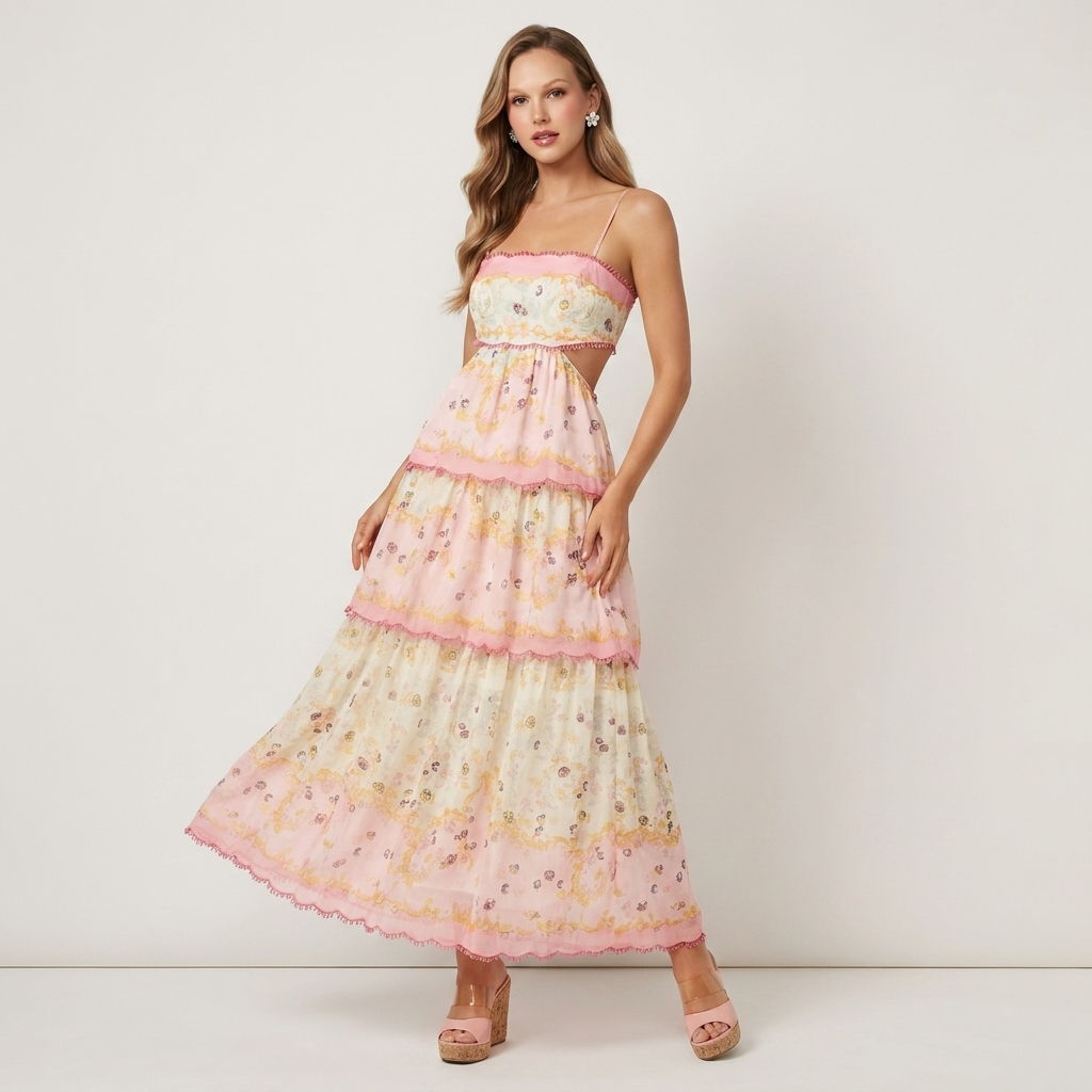 Tiered Floral Maxi Dress | Spaghetti Straps, Cut-Out Waist & Romantic Summer Detail