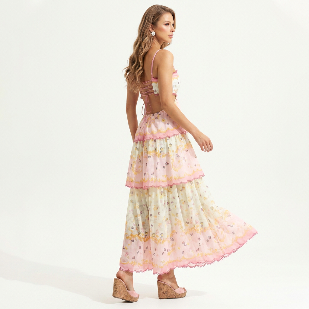 Tiered Floral Maxi Dress | Spaghetti Straps, Cut-Out Waist & Romantic Summer Detail
