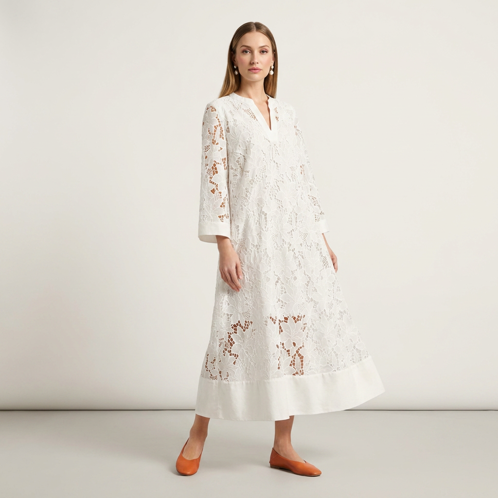 Floral Lace Maxi Dress | Relaxed Straight Fit, V-Neck Collar & Elegant Summer Texture