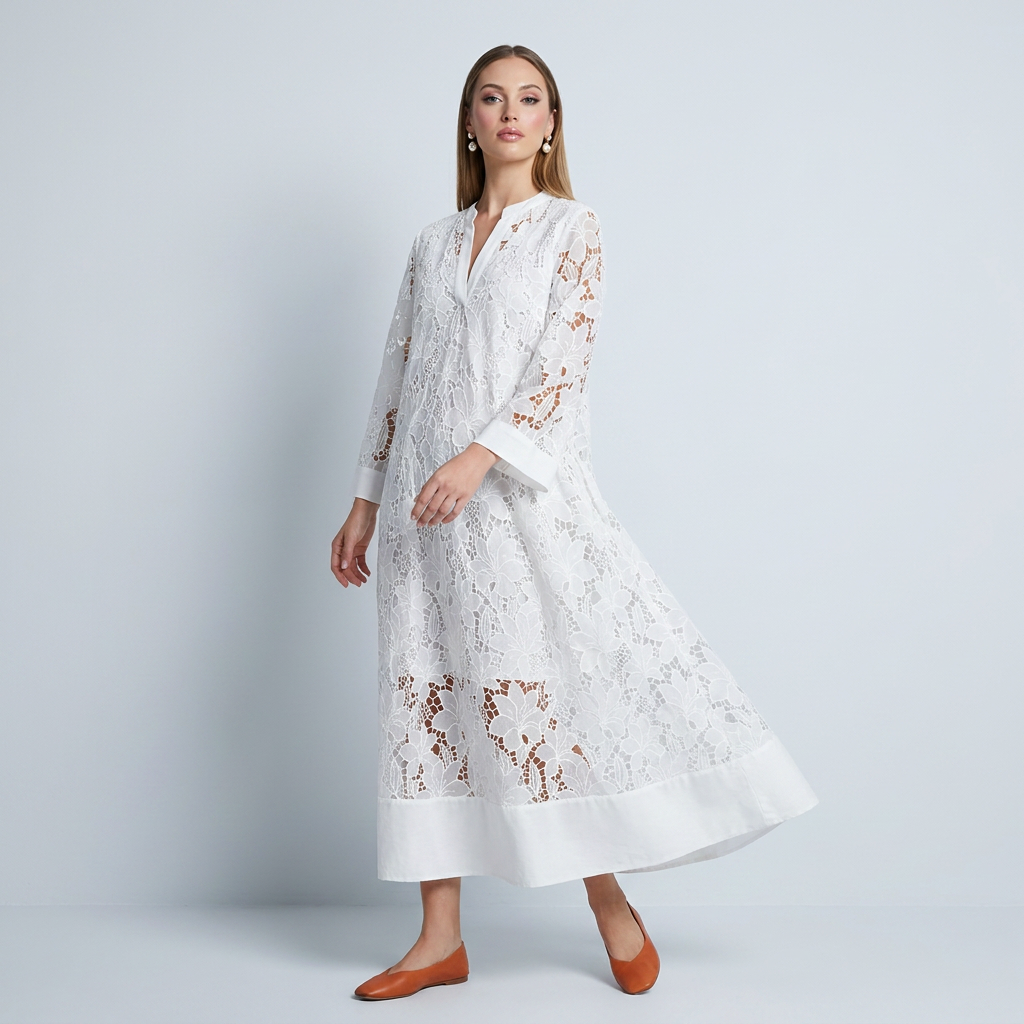 Floral Lace Maxi Dress | Relaxed Straight Fit, V-Neck Collar & Elegant Summer Texture