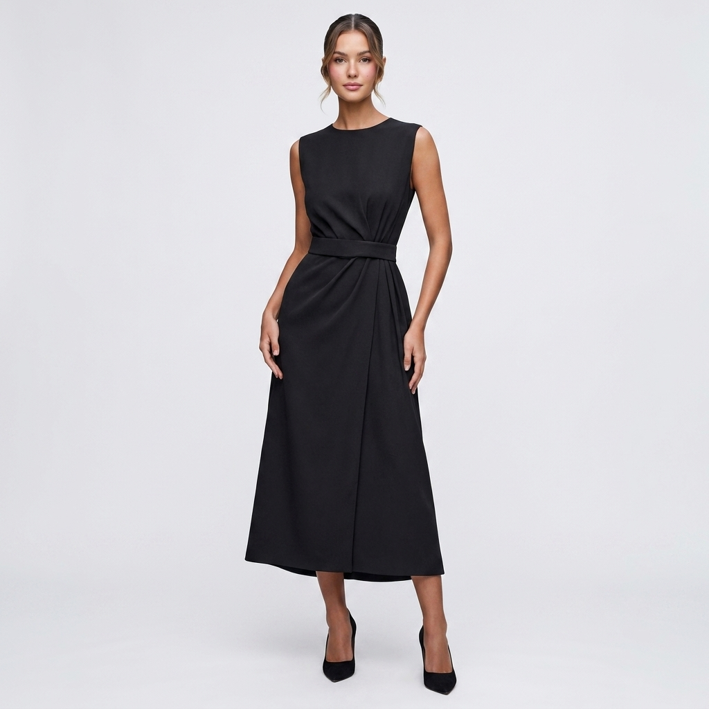 Sleeveless Midi Dress | Twist Waist, Draped Fit & Elegant Occasion Style