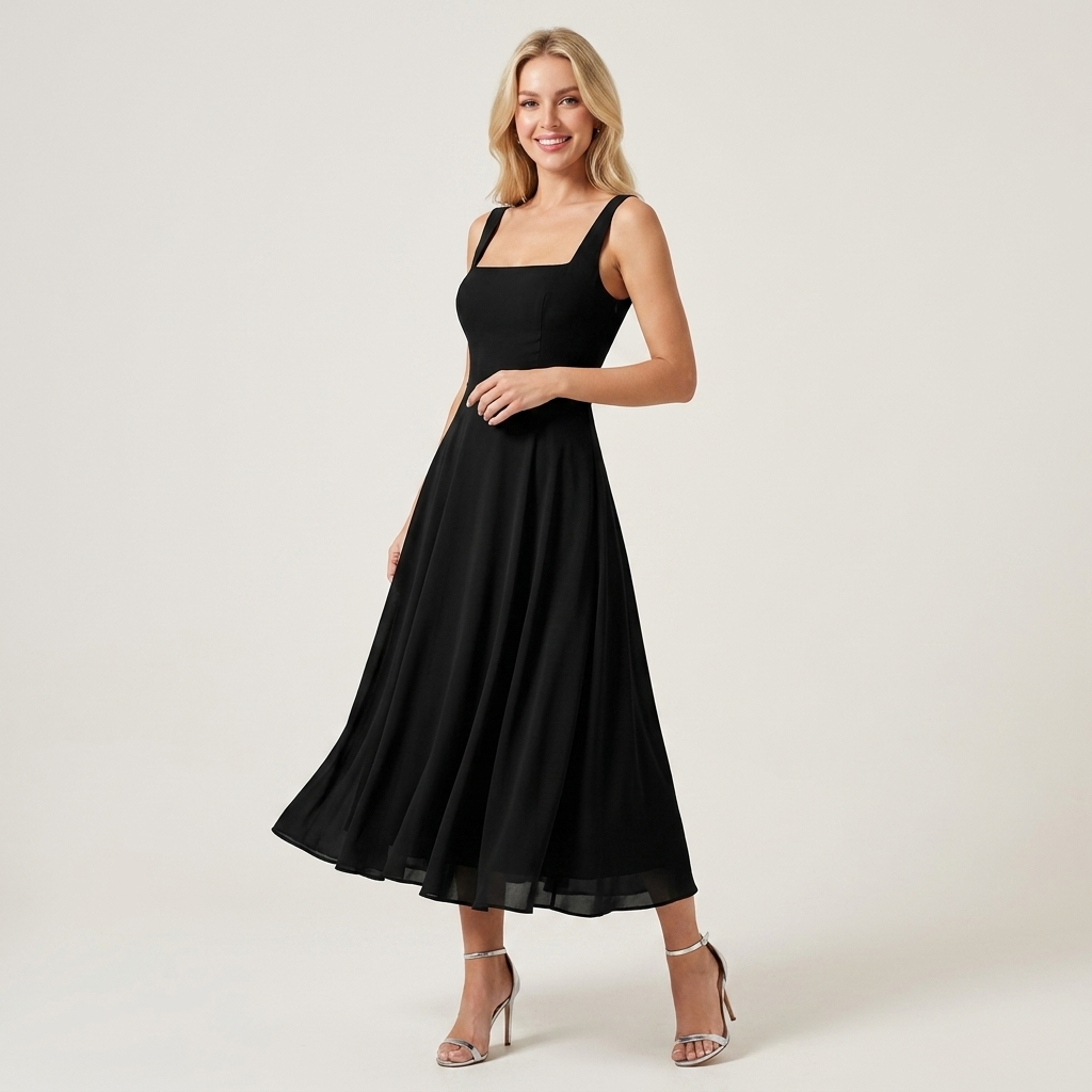 Square Neck Midi Dress | Flared Fit, Clean Bodice & Elegant Occasion Style