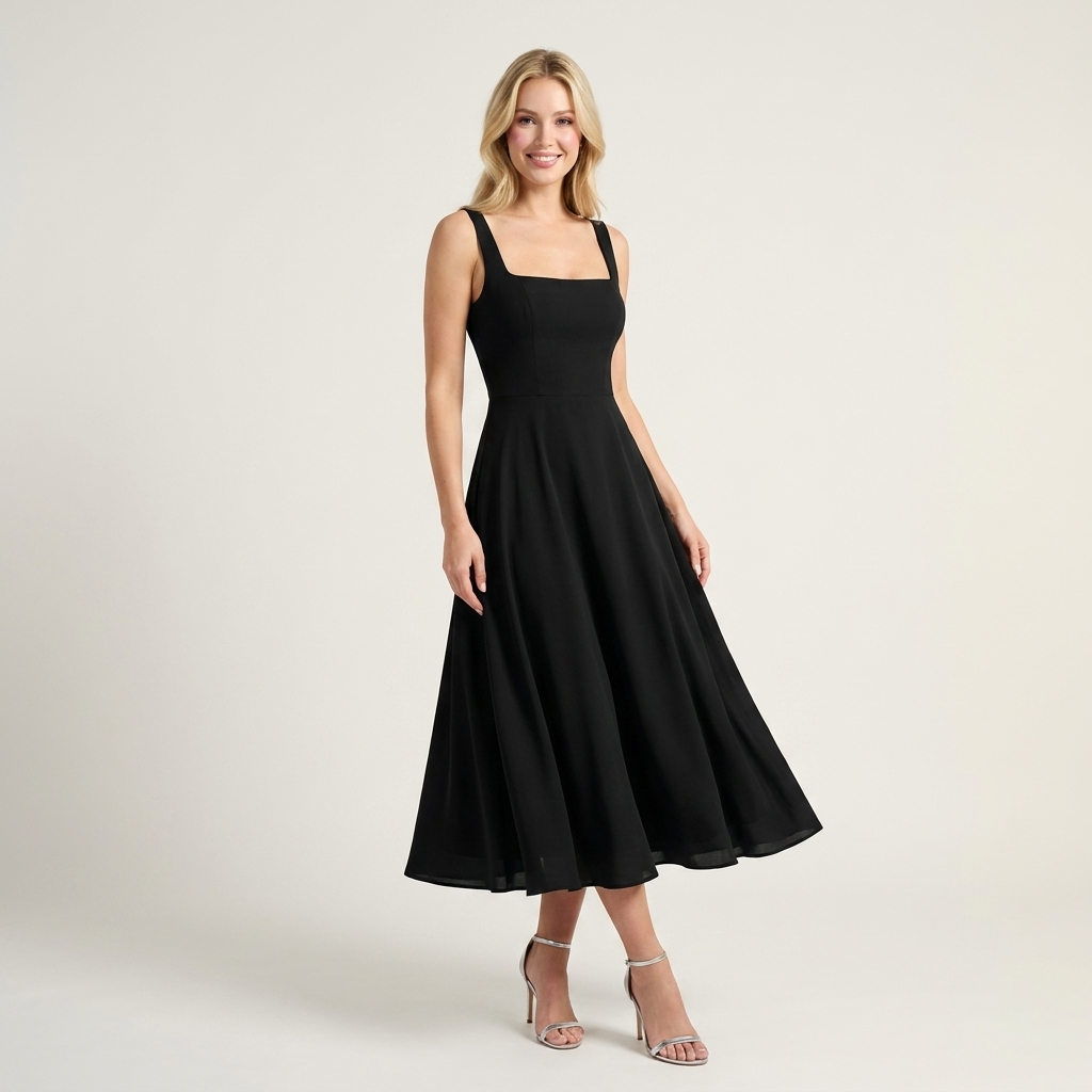 Square Neck Midi Dress | Flared Fit, Clean Bodice & Elegant Occasion Style