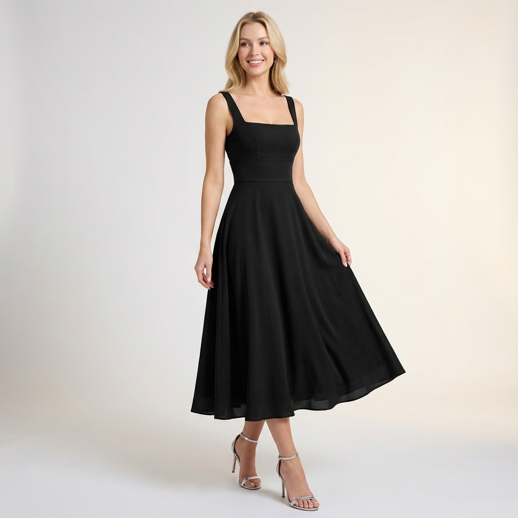 Square Neck Midi Dress | Flared Fit, Clean Bodice & Elegant Occasion Style