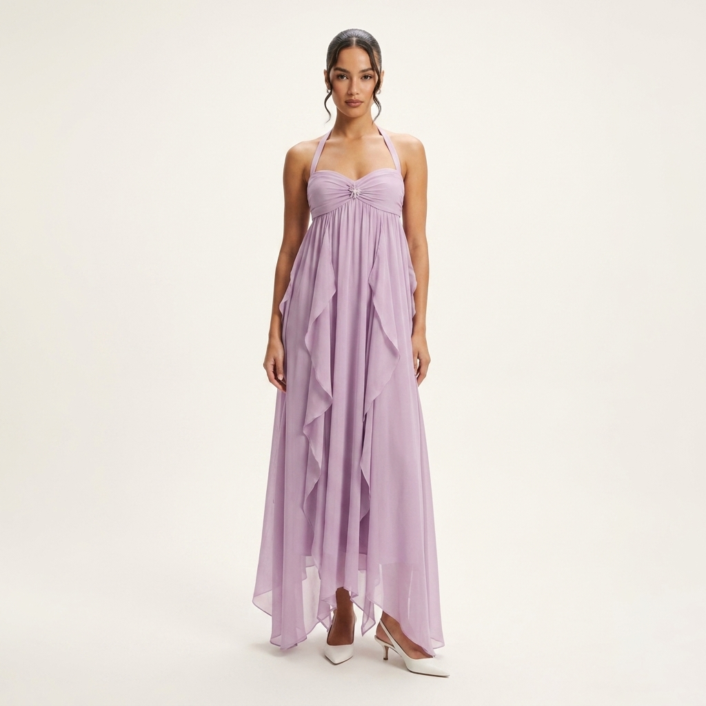 Halter Chiffon Maxi Dress | Draped Front, Embellished Detail & Flowing Occasion Style