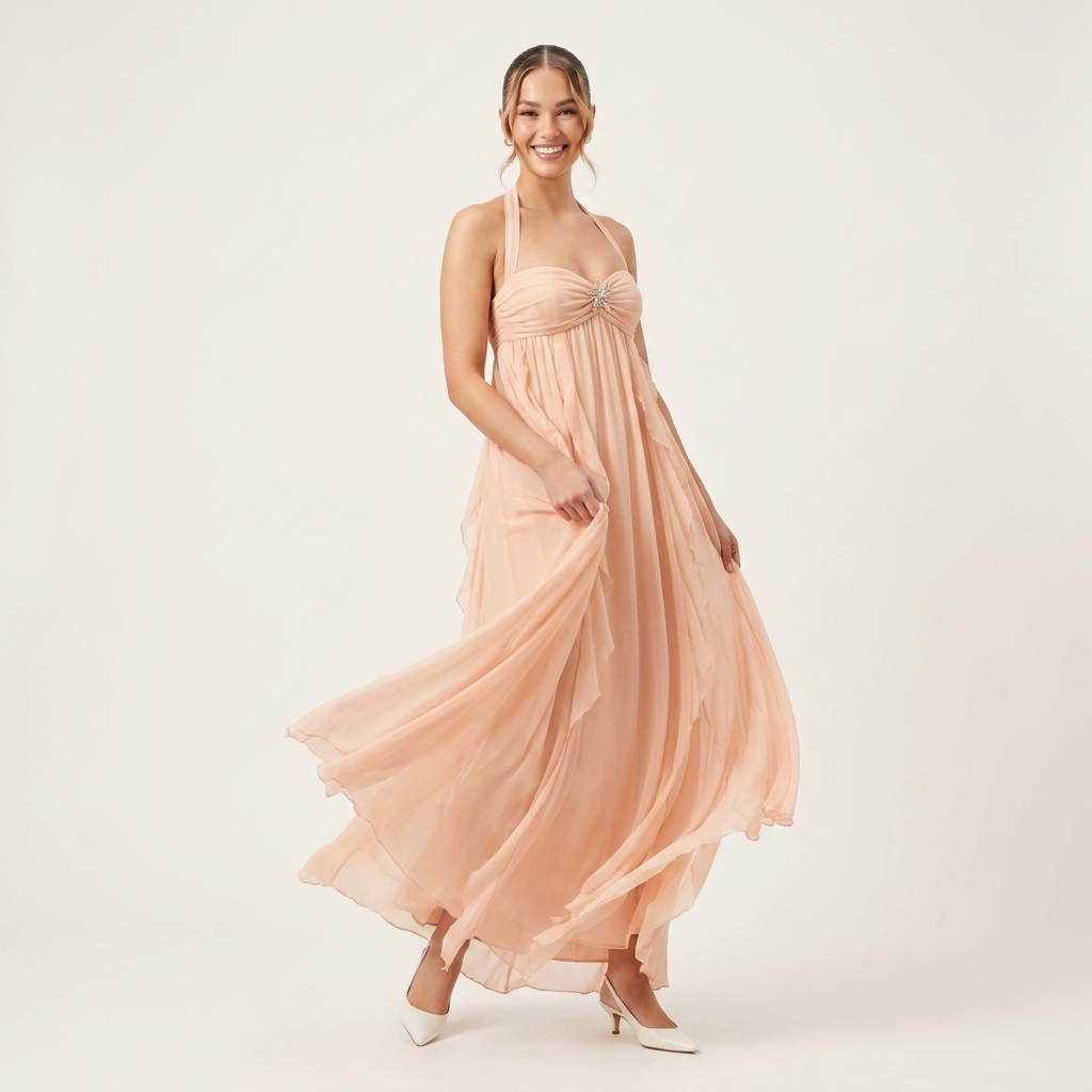 Halter Chiffon Maxi Dress | Draped Front, Embellished Detail & Flowing Occasion Style