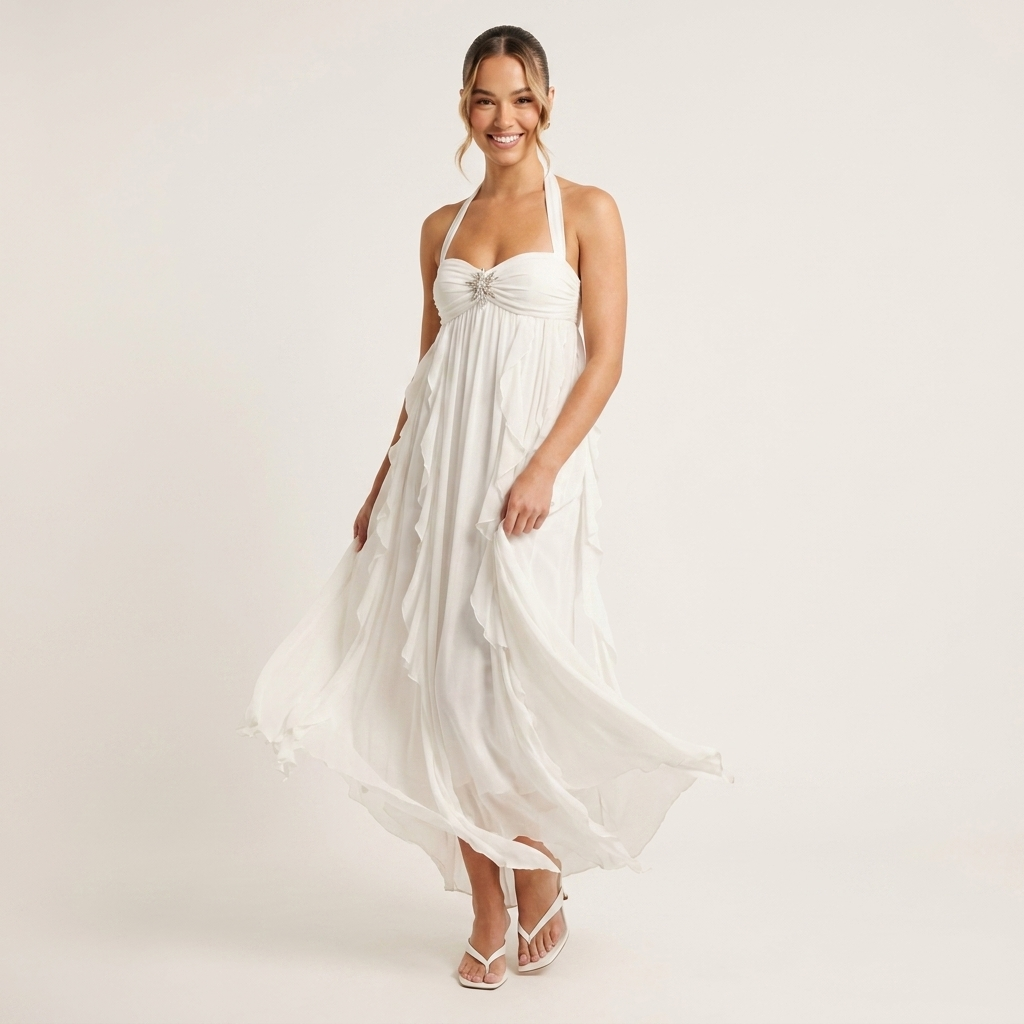 Halter Chiffon Maxi Dress | Draped Front, Embellished Detail & Flowing Occasion Style