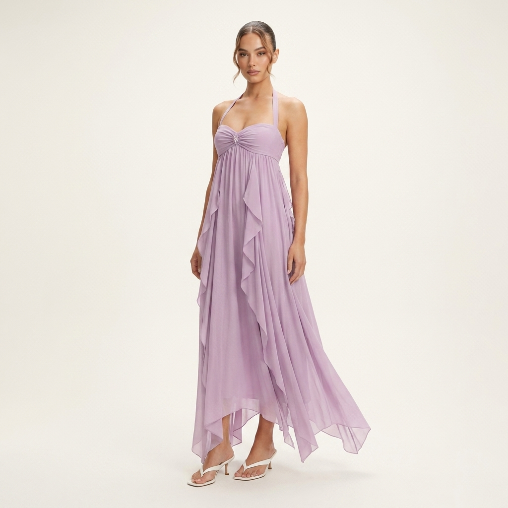 Halter Chiffon Maxi Dress | Draped Front, Embellished Detail & Flowing Occasion Style
