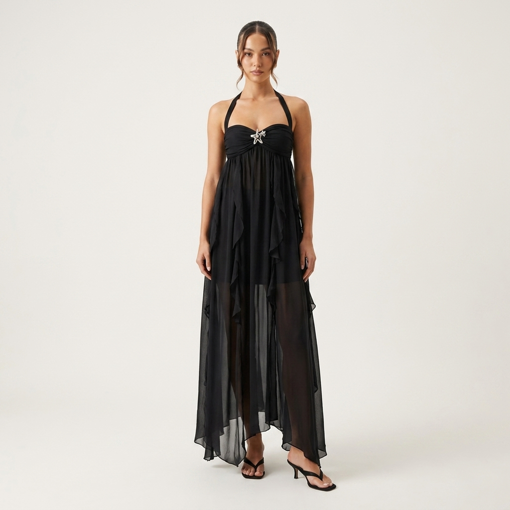 Halter Chiffon Maxi Dress | Draped Front, Embellished Detail & Flowing Occasion Style