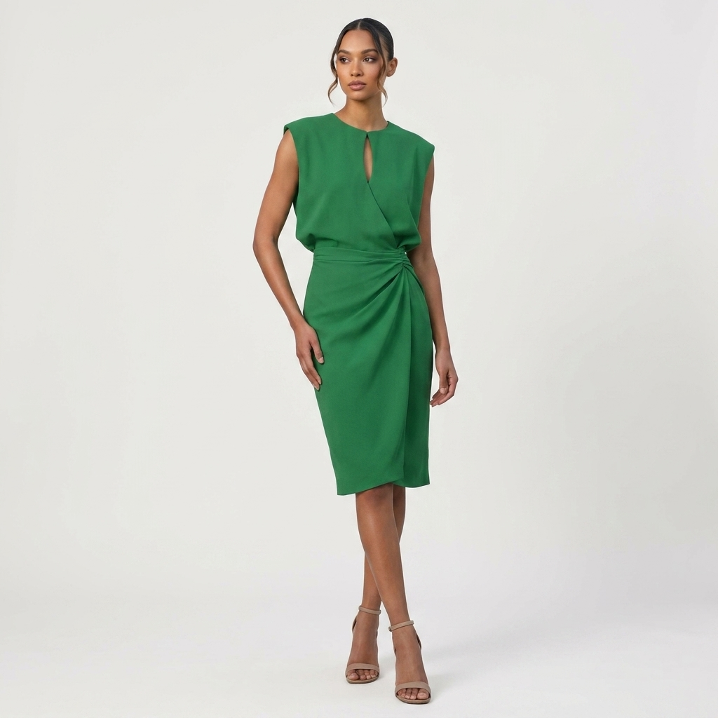 Sleeveless Ruched Midi Dress | Draped Waist, Keyhole Neckline & Elegant Fitted Style