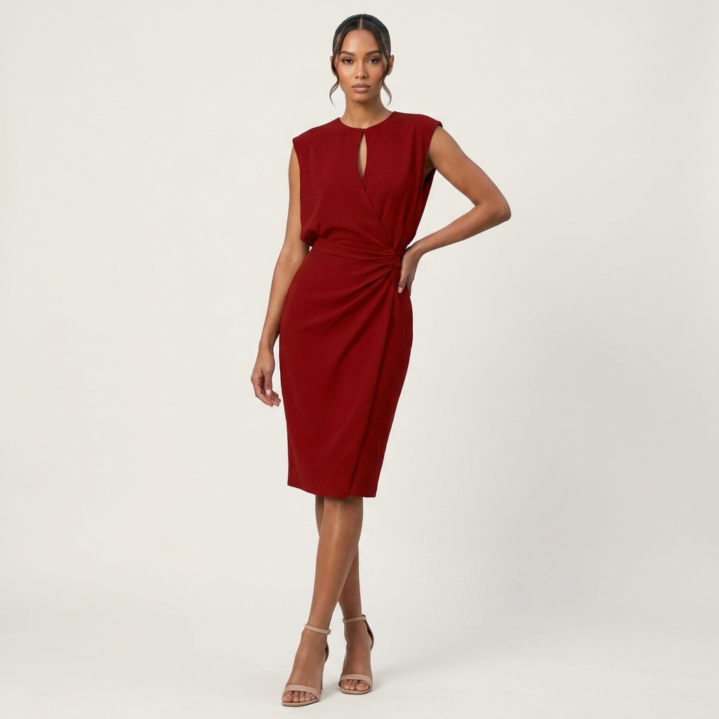 Sleeveless Ruched Midi Dress | Draped Waist, Keyhole Neckline & Elegant Fitted Style