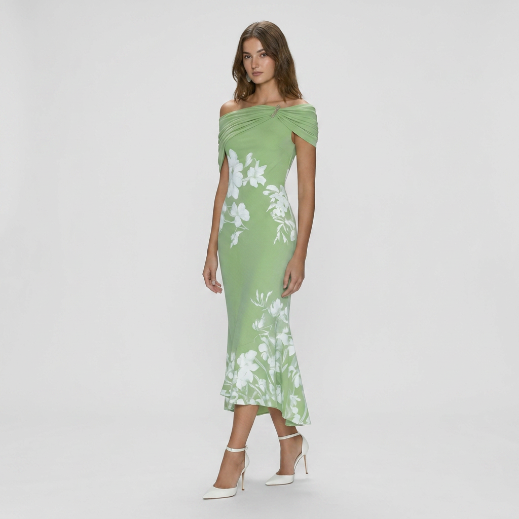 Off-Shoulder Floral Midi Dress | Draped Neckline, Fitted Shape & Elegant Summer Style