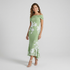 Off-Shoulder Floral Midi Dress | Draped Neckline, Fitted Shape & Elegant Summer Style