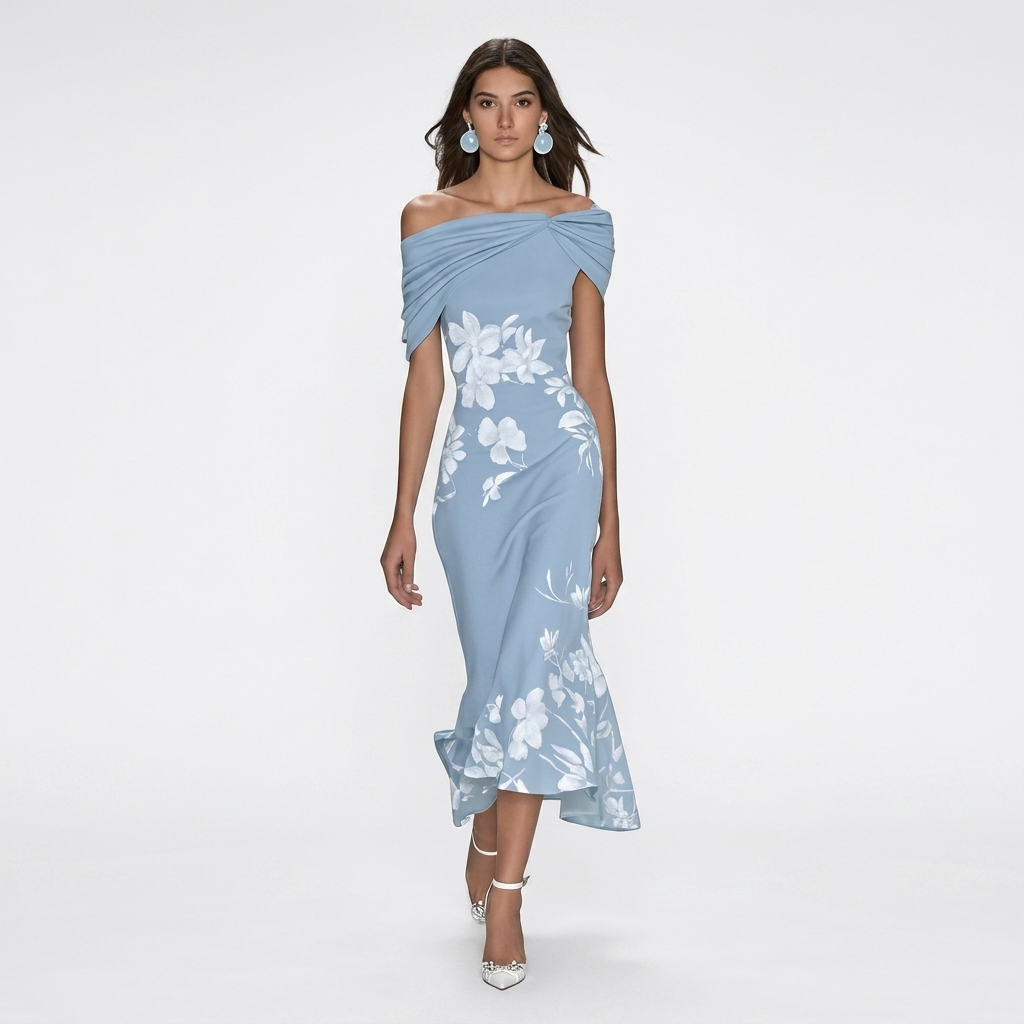 Off-Shoulder Floral Midi Dress | Draped Neckline, Fitted Shape & Elegant Summer Style