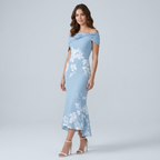 Off-Shoulder Floral Midi Dress | Draped Neckline, Fitted Shape & Elegant Summer Style