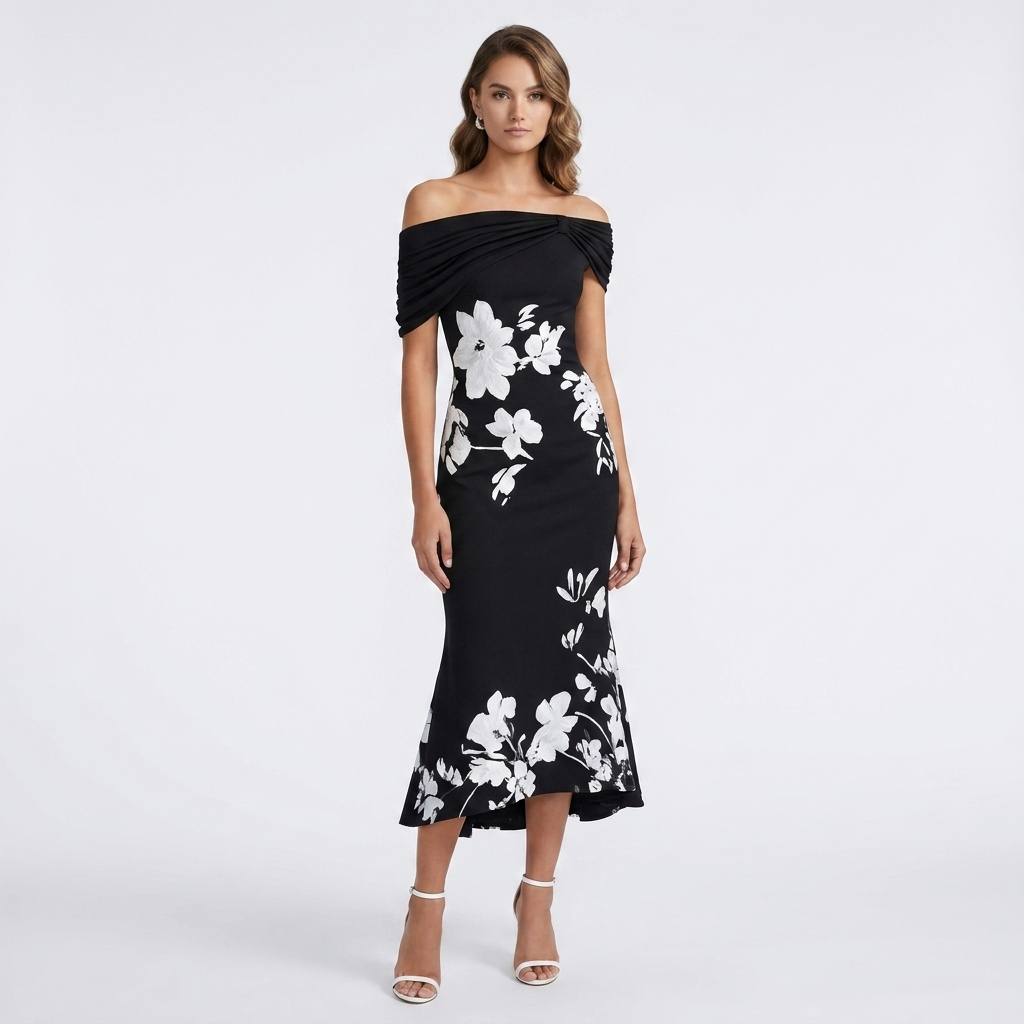 Off-Shoulder Floral Midi Dress | Draped Neckline, Fitted Shape & Elegant Summer Style
