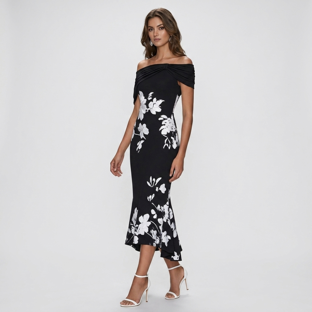 Off-Shoulder Floral Midi Dress | Draped Neckline, Fitted Shape & Elegant Summer Style