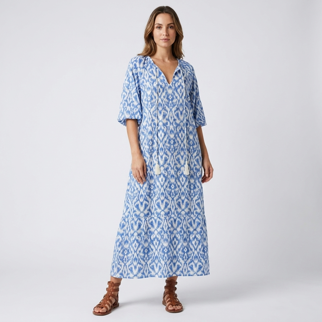 Printed A-Line Maxi Dress | V-Neck, Lantern Sleeves & Flowy Summer Fit
