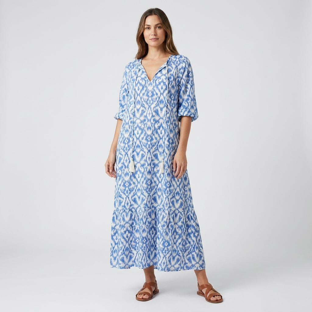 Printed A-Line Maxi Dress | V-Neck, Lantern Sleeves & Flowy Summer Fit