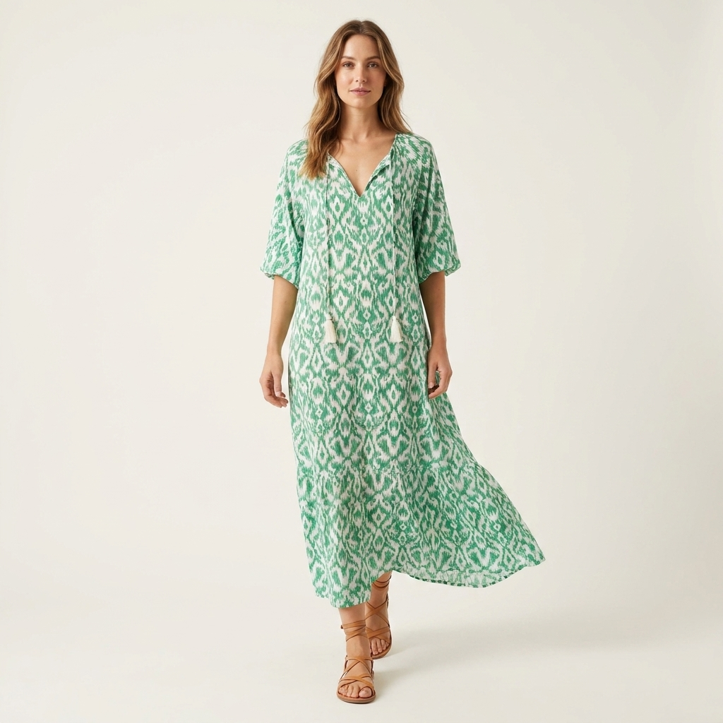 Printed A-Line Maxi Dress | V-Neck, Lantern Sleeves & Flowy Summer Fit