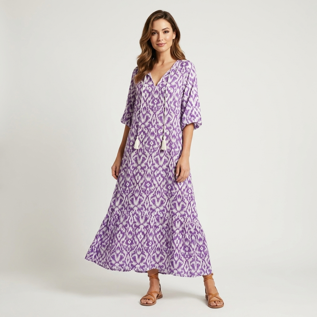 Printed A-Line Maxi Dress | V-Neck, Lantern Sleeves & Flowy Summer Fit