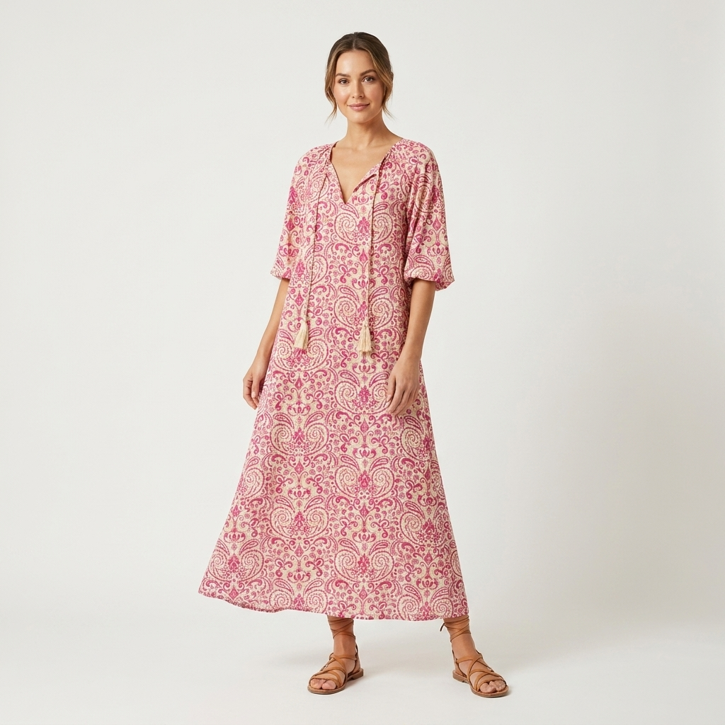 Printed A-Line Maxi Dress | V-Neck, Lantern Sleeves & Flowy Summer Fit