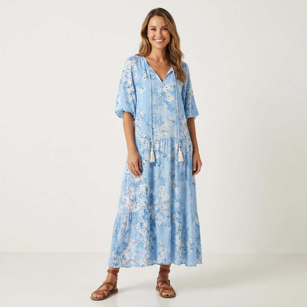 Printed A-Line Maxi Dress | V-Neck, Lantern Sleeves & Flowy Summer Fit