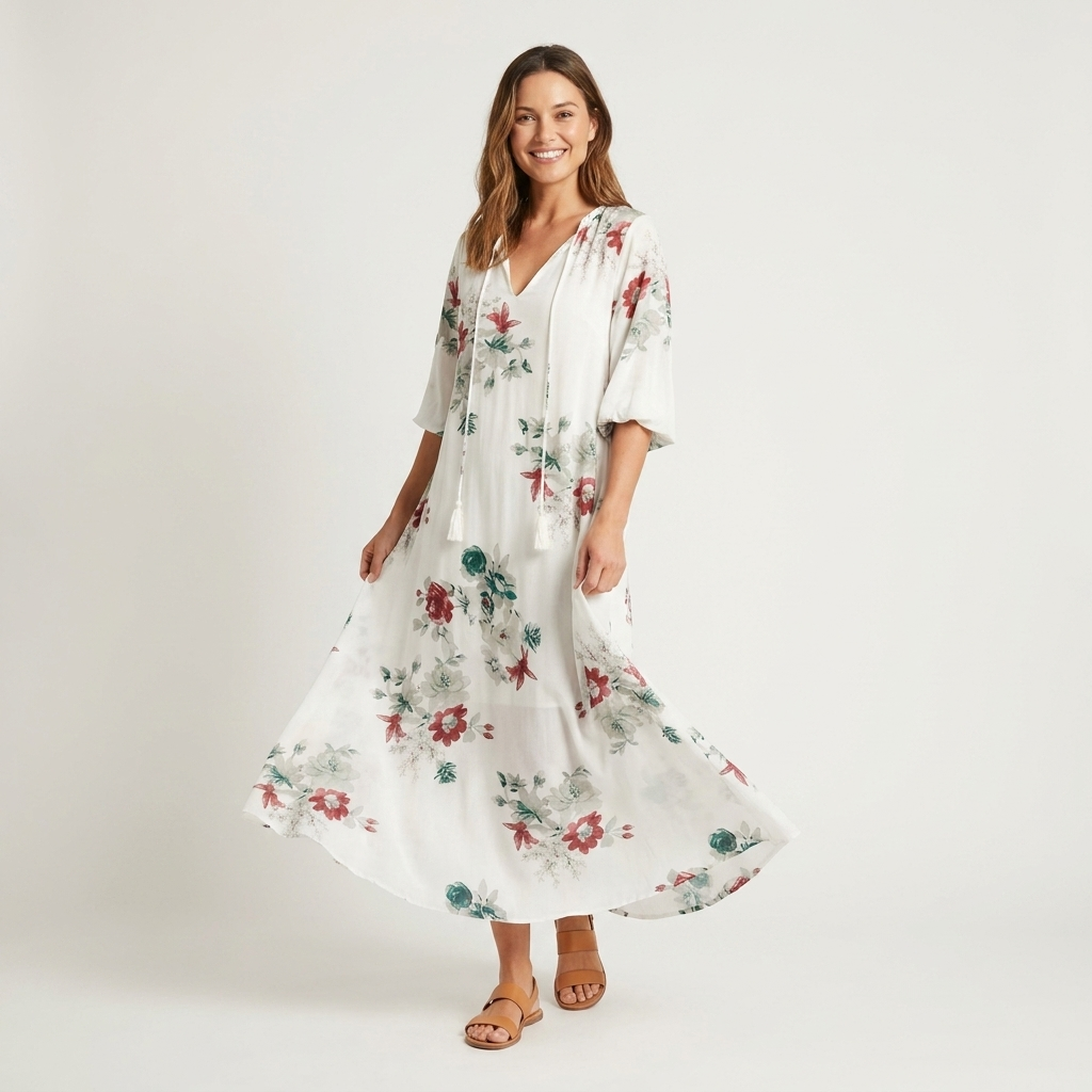 Printed A-Line Maxi Dress | V-Neck, Lantern Sleeves & Flowy Summer Fit