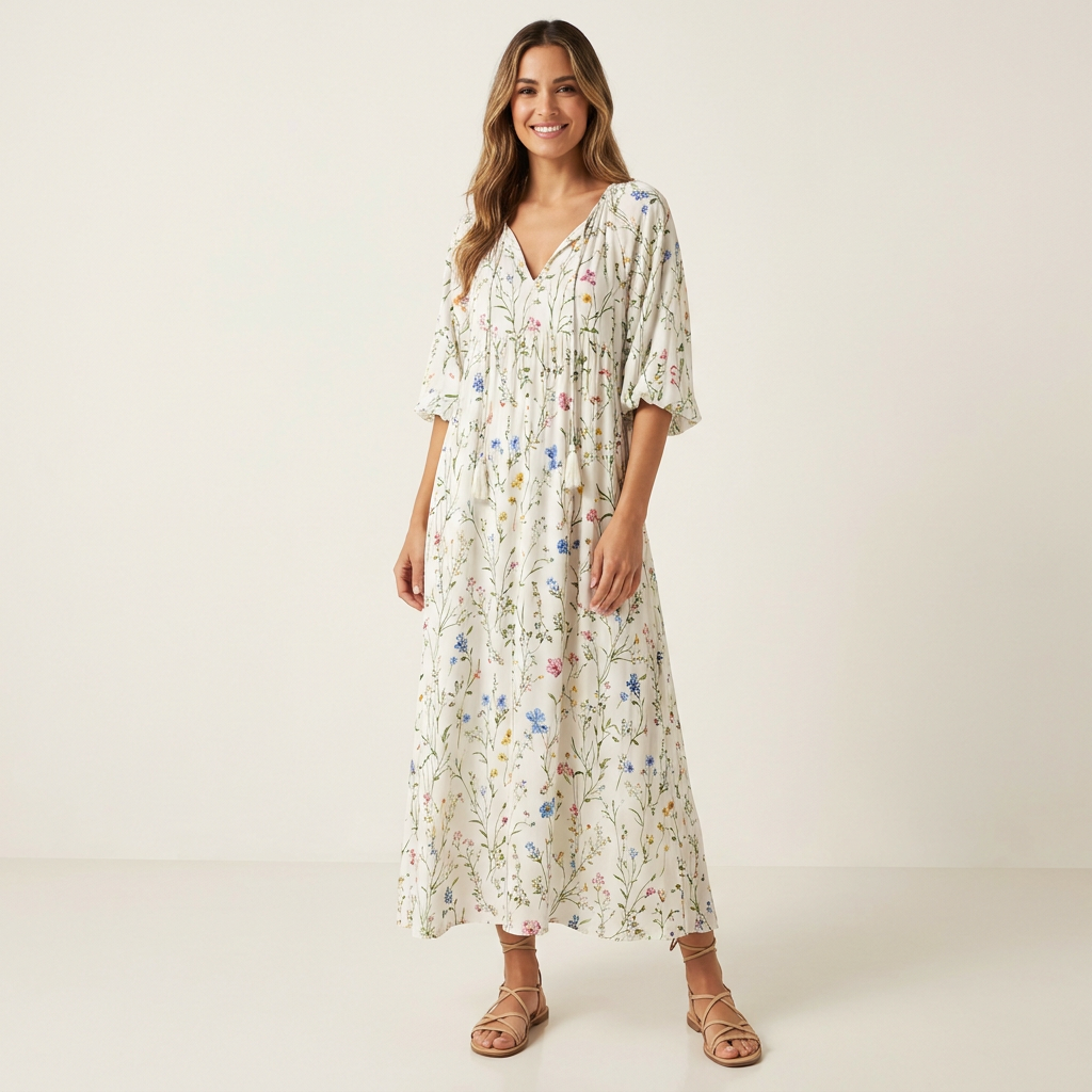 Printed A-Line Maxi Dress | V-Neck, Lantern Sleeves & Flowy Summer Fit
