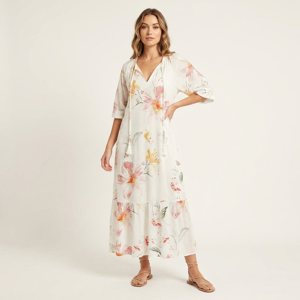 Printed A-Line Maxi Dress | V-Neck, Lantern Sleeves & Flowy Summer Fit